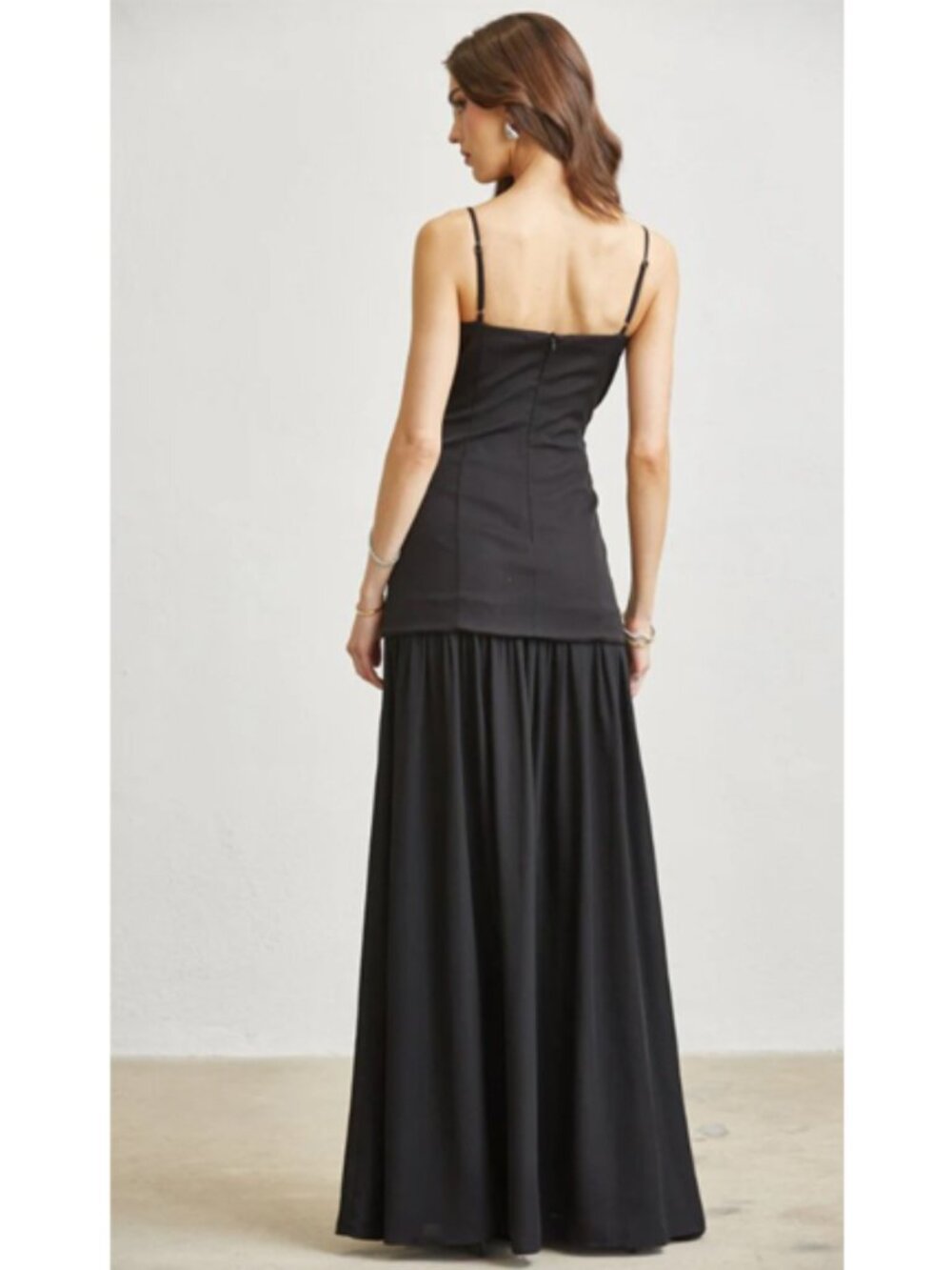 Black & Ivory Corset Maxi Dress with Rhinestone & Pearl Applique Peekaboo Bust - Picture 2 of 3